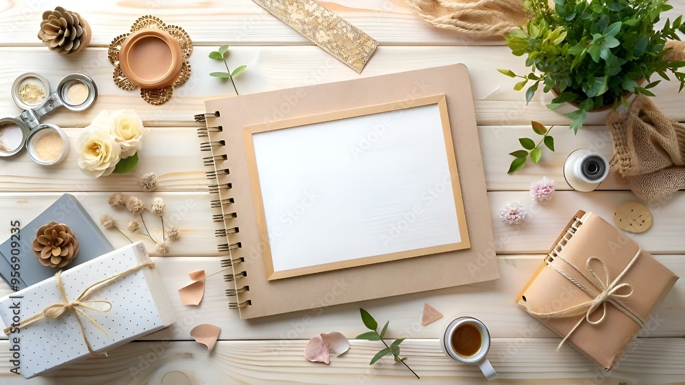 Poster rustic and elegant mockup featuring a blank craft paper notebook with a golden frame and natural ele