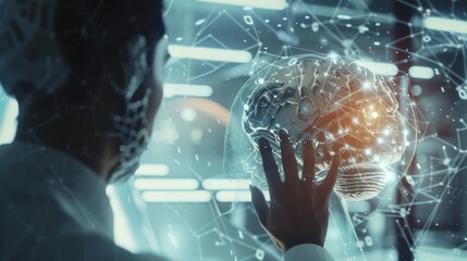 A futuristic holographic interface shows a person interacting with a digital brain model, symbolizing advanced technology and artificial intelligence.