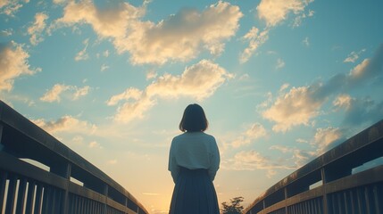 Fototapeta premium A Japanese woman standing on a bridge, the sky above filled with a gentle, diffused light