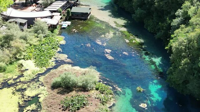 Underwater Kelp Forest dron bird view in Blue eye river, Albania. Green Seaweed leaves in Turquoise and green water scenic aerial view in Muzine, Finiq, Albania, Europe.