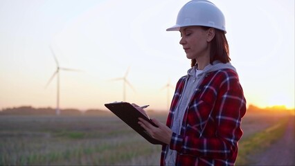 Female engineer taking notes on a clipboard on a field with wind turbines, as the sun sets. Concept of clean energy and engineering audit