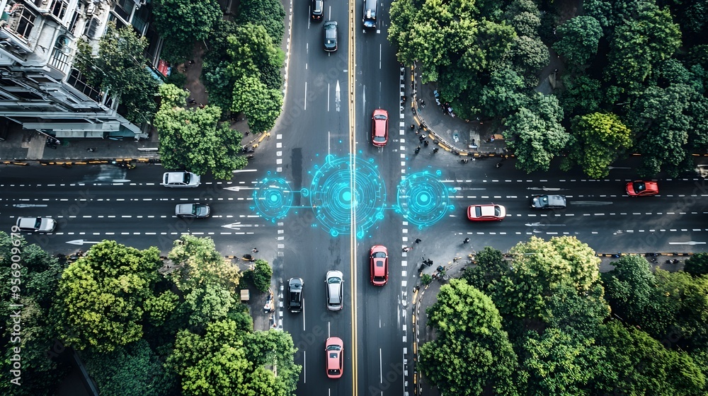 Poster aerial view of a seamless smart city with ai-controlled autonomous vehicles flowing through the