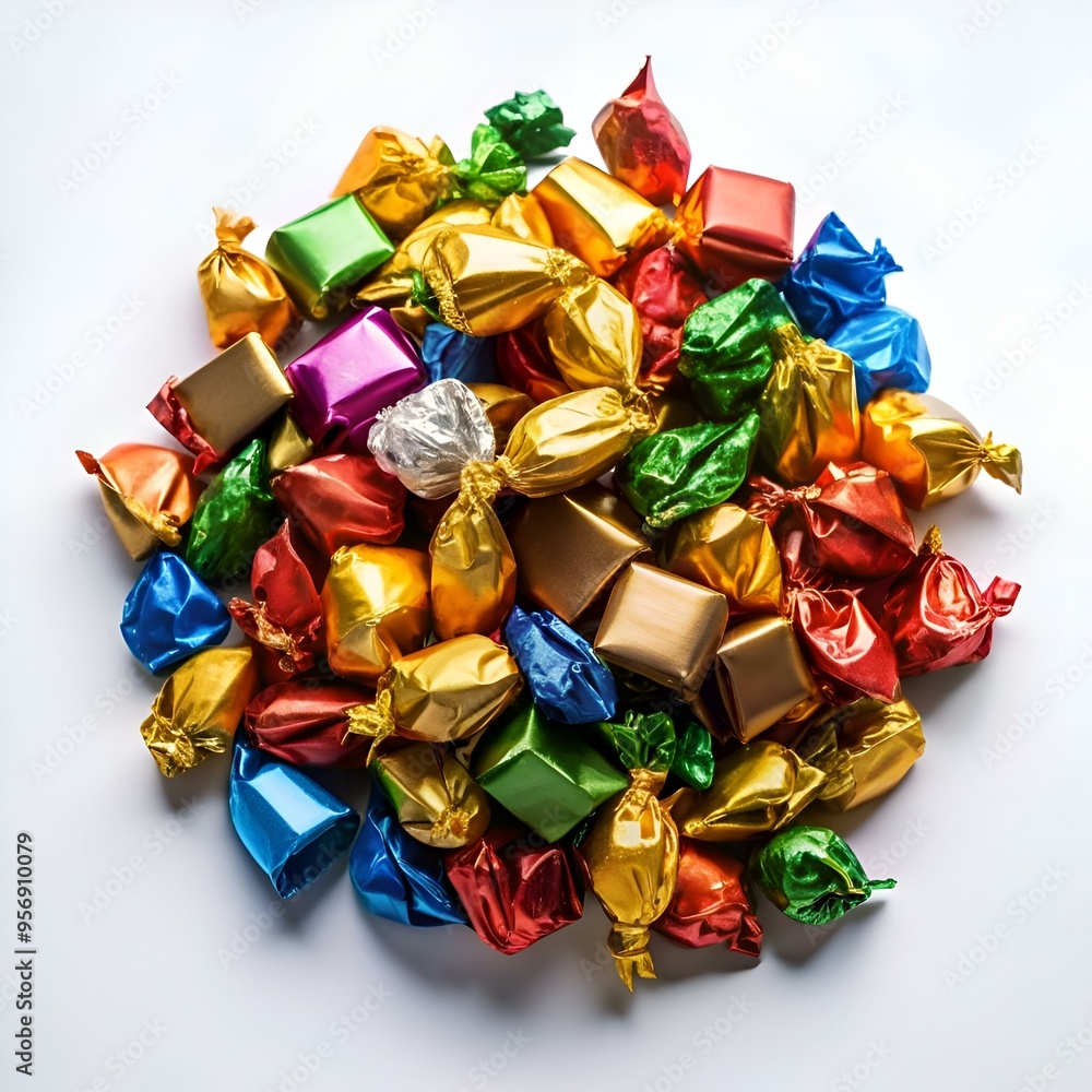 Poster a vibrant pile of colorful wrapped candies. perfect for adding a touch of sweetness to any design pr
