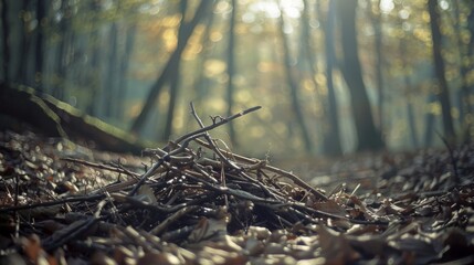 Obraz premium A picturesque forest floor with a stack of twigs surrounded by the warm glow of morning light, evoking a peaceful and serene atmosphere.