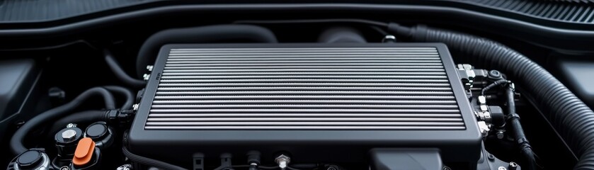 Close-up view of a modern car engine component showcasing intricate designs and technological features in a sleek automotive setting.