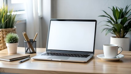 Fototapeta premium Clean and modern mockup of an open laptop with a blank screen. perfect for showcasing website designs. app interfaces. or digital presentations.