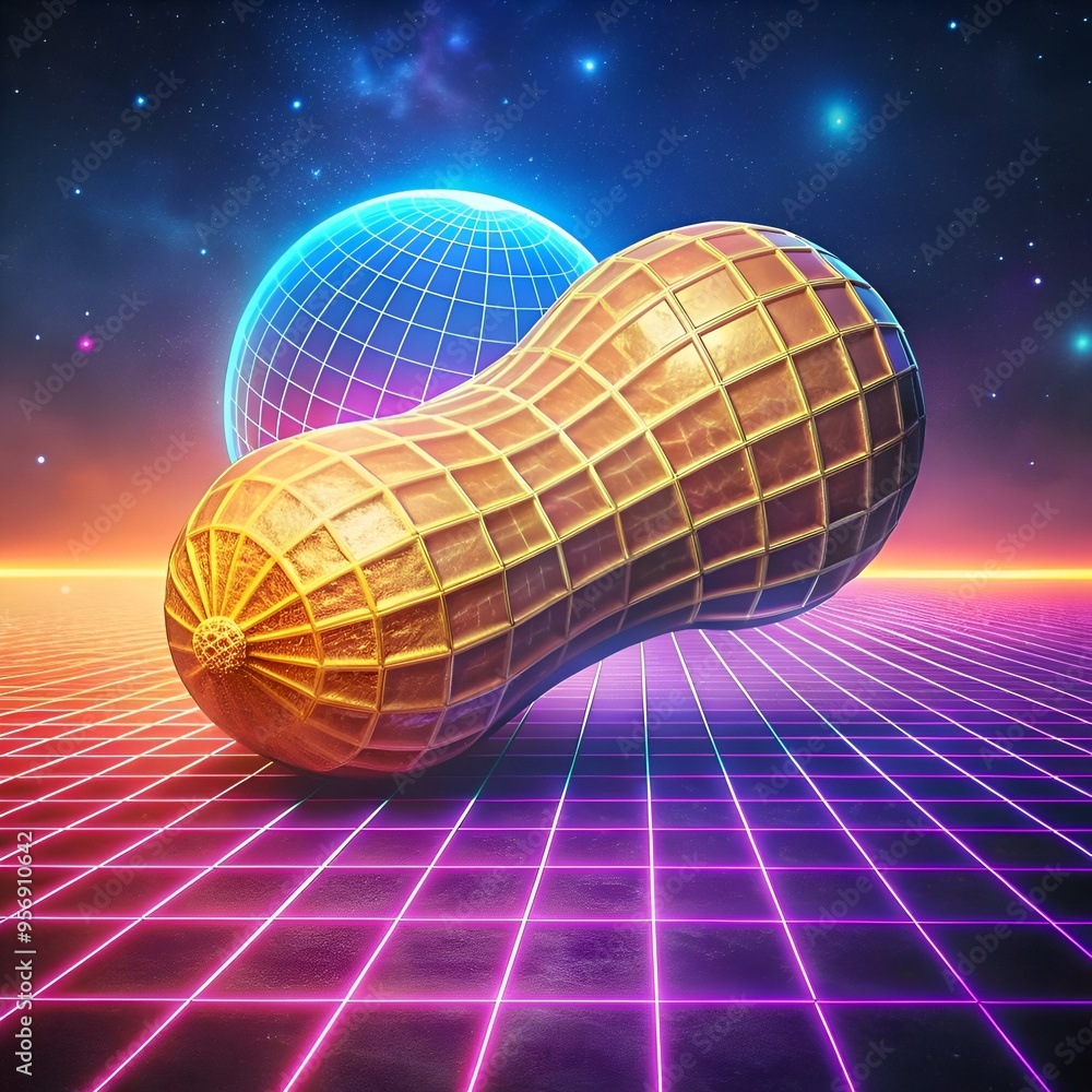 Poster a 3d rendered peanut in a retro futuristic setting. with a glowing grid and a wireframe globe in the