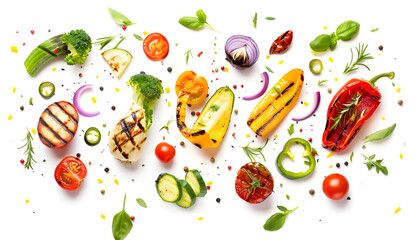 Delicious grilled vegetables in air on white background