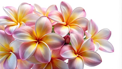 Delicate, intricately detailed plumeria flowers in soft pastel hues, set against a clean white background, perfect for tropical and floral design elements in commercial projects.