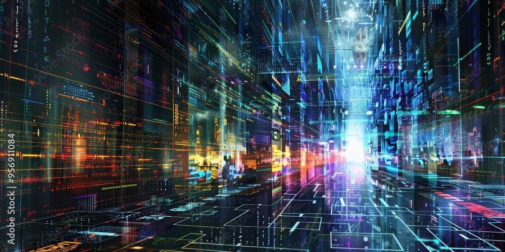 Aufkleber artistic representation of digital infrastructure with data centers and cybersecurity measures