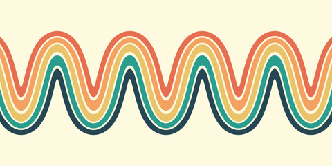 Abstract background of rainbow groovy Wavy Line design in 1970s Hippie Retro style. Vector pattern ready to use for cloth, textile, wrap and other.