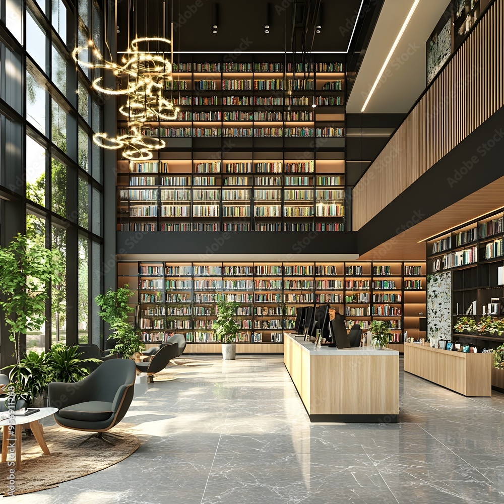 Poster inviting modern library reception with rows of books comfortable reading areas and a friendly librar