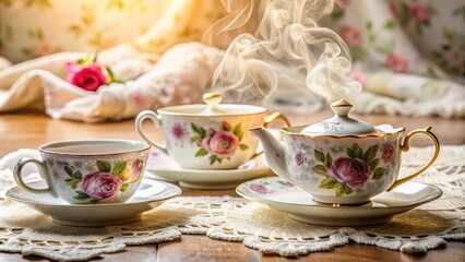 Fototapeta premium Delicate ceramic teacups and saucers, adorned with floral patterns, sit beside a steaming teapot on a lace-covered tablecloth, evoking warmth and intimate conversation.
