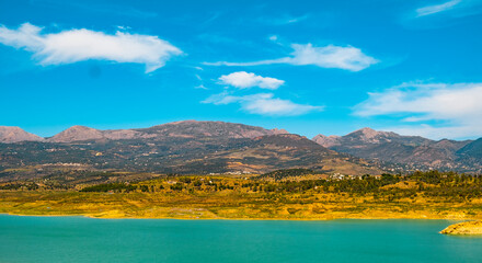 Beautiful view of the mountain and the Viñuela reservoir in Malaga