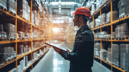 Double exposure Businessman uses big data analytics to forecast demand and manage inventory efficiently.