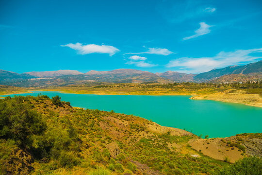 Beautiful view of the mountain and the Vi&ntilde;uela reservoir in Malaga