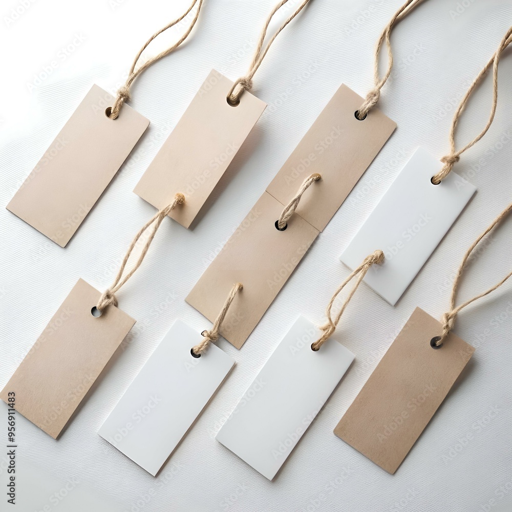 Poster a set of eight blank. natural kraft paper tags with twine strings. perfect for crafting. branding. o