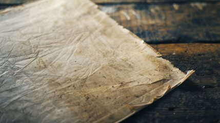 An exquisitely weathered sheet of paper on a rustic wooden table, capturing the essence of time and age through its textured surface and vintage color.