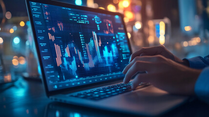 A professional working on data analysis using a laptop in a modern office at night