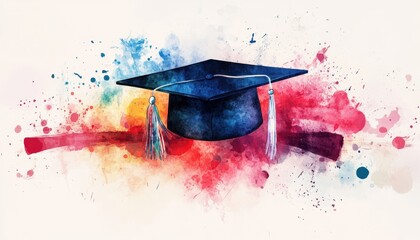 Celebrating Academic Achievements: Abstract Watercolor with Diploma, Cap, and Paint Splatters