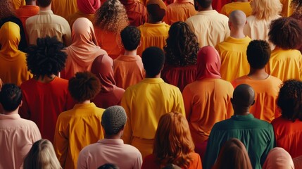 A rear view of a diverse group dressed in warm, coordinated colors, standing together gazing ahead, symbolizing collective unity and future aspirations.