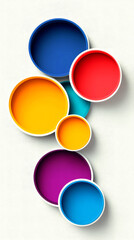 Colorful circles in various sizes arranged in a vertical cascade with connecting lines on a white background perfect for modern design, geometric shapes, and vibrant backdrops