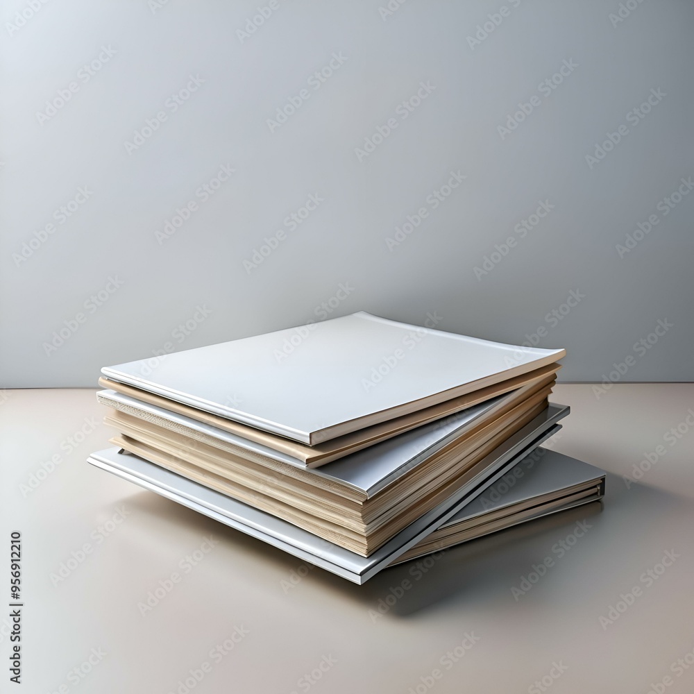 Poster a stack of blank. white magazines on a light beige surface with copy space.