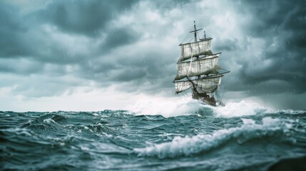 A tall ship rides the stormy waves with billowing sails, symbolizing the relentless pursuit of exploration and human spirit against nature's challenges.