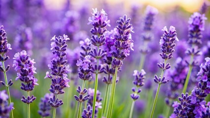 Naklejka premium Delicate purple flowers of lavandula officinalis, also known as English lavender, bloom in a lush field, filling the air with calming scent and serenity.