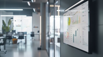 A sleek, modern office with a wall-mounted screen showing detailed analytical charts and graphs, emphasizing a professional and data-oriented workspace.