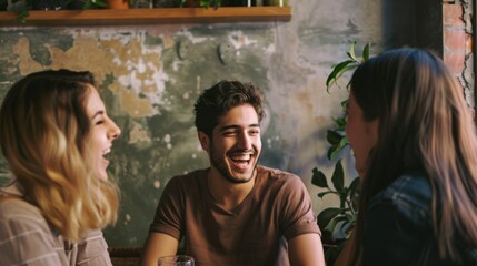 Three friends enjoy a lively conversation in a rustic cafe, their laughter filling the cozy, plant-adorned space.