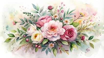 Delicate watercolor illustration of a blooming floral bouquet on a white background, surrounded by subtle texture and gentle color bleeding on a beautiful card.