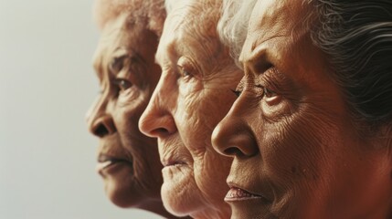 Three elderly women’s profiles, showcasing their weathered features and quiet strength, convey a serene narrative of life's journey and the passage of time.