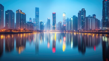 City Skyline Reflected in Still Water at Dusk