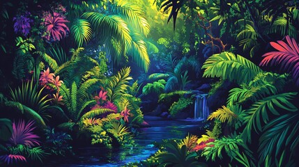 Lush, vibrant tropical rainforest with cascading waterfall and sunlight filtering through canopy.