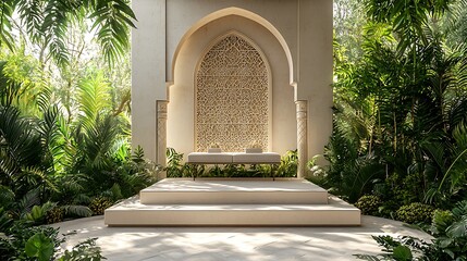 Fototapeta premium A white platform set in a tropical garden is framed by an ornate archway, merging elegance with lush surroundings.