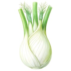 A detailed 3D illustration of a whole fennel bulb with green stalks and feathery fronds.