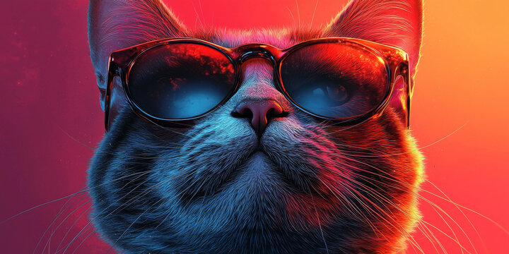 A cool cat wearing sunglasses looks up at the camera with a smug expression.
