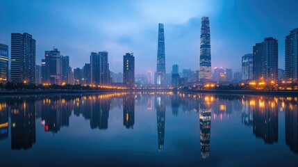 Fototapeta premium Cityscape with Skyscrapers Reflected in Water at Dusk