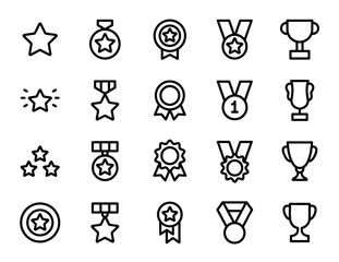 Awards line icons set. Reward, benefit, bonus, star, winner, medal, champion, trophy cup, awards and bonuses outline icon collection. Thin outline icons pack. Reward symbol sign for web and mobile