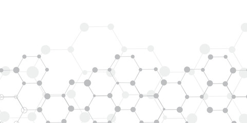 Molecular structure abstract tech background. Geometric white background. Vector banner design with hexagons. Science network pattern, connecting lines and dots Medical background, Vector illustration