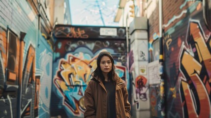 Fototapeta premium A woman stands in a vibrant alleyway adorned with colorful graffiti, exuding an urban and edgy atmosphere.