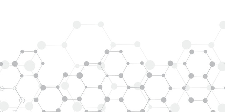 Molecular structure abstract tech background. Geometric white background. Vector banner design with hexagons. Science network pattern, connecting lines and dots Medical background, Vector illustration
