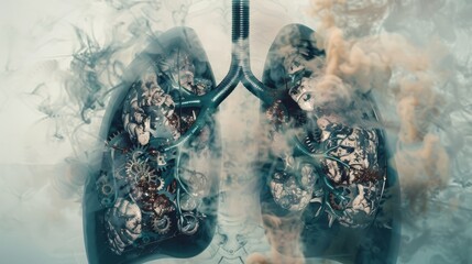 Smoke-filled, mechanical lungs blend seamlessly with organic structures, creating a steampunk-inspired vision of respiratory innovation.
