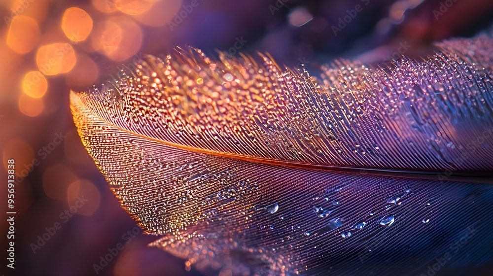 Poster a fascinating micro photograph of a tiny feather, highlighting its delicate structure and color tran