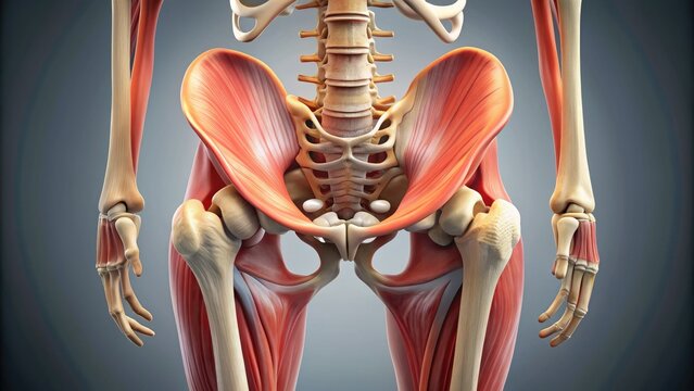 Detailed illustration of the human hip anatomy showing the pelvic bone, femur, acetabulum, ilium, ischium, and surrounding muscles, tendons, and ligaments in a neutral background.