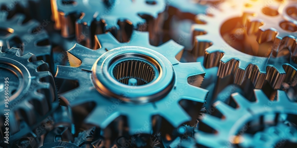 Poster industrial engineering and technology concept with gears and cogs in a mechanical assembly