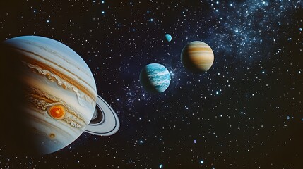 Naklejka premium Close-Up of Gas Giants: A close-up view of the solar system’s gas giants—Jupiter, Saturn, Uranus, and Neptune—floating majestically in space. 