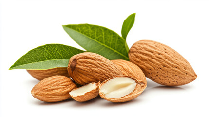 Detailed view of almonds with leaves, isolated on a white background.
