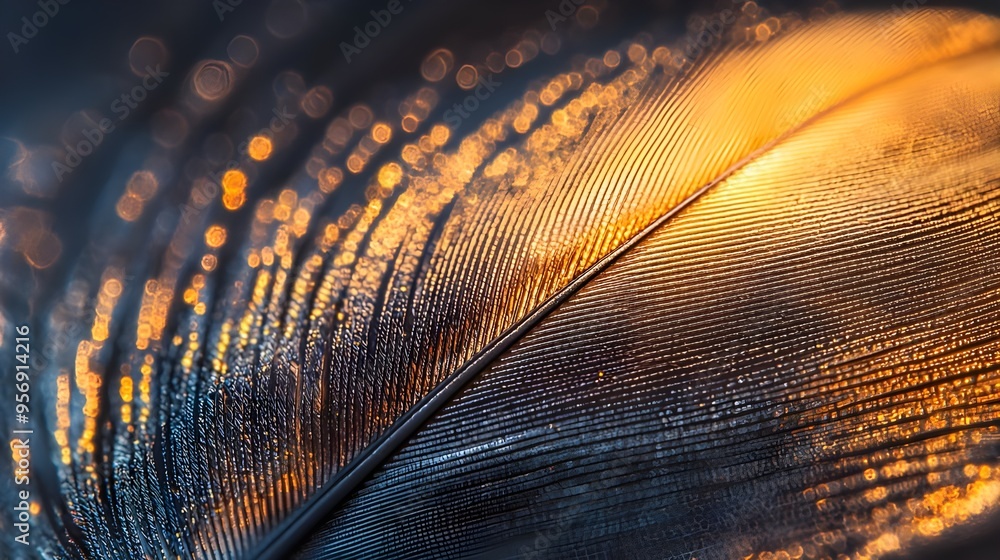 Poster a fascinating micro photograph of a tiny feather, highlighting its delicate structure and color tran